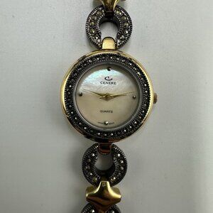 Cenere Watch Women Gunmetal Gold Two Tone Mother of Pearl Dial New Battery 5.75"